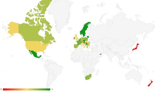 מפת מדינות והסיכוי לשכור בהן רכב עם רישיון הנהיגה הישראלי בלבד