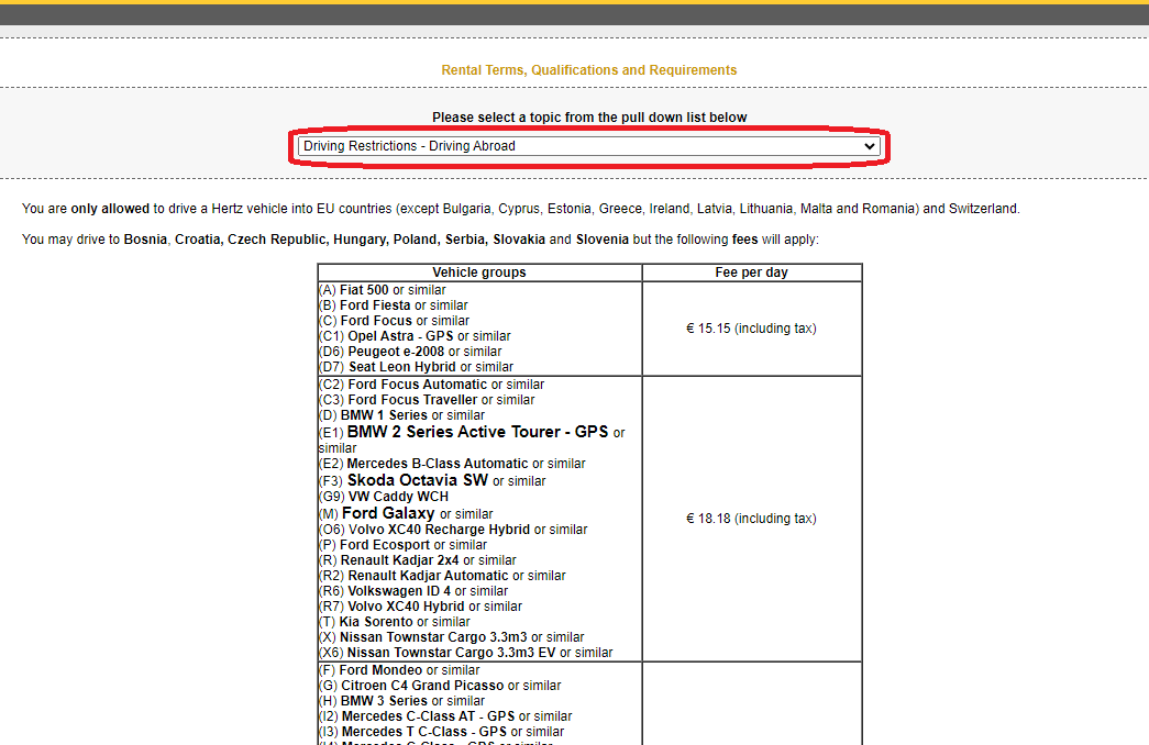 rental terms hertz cross border detailed